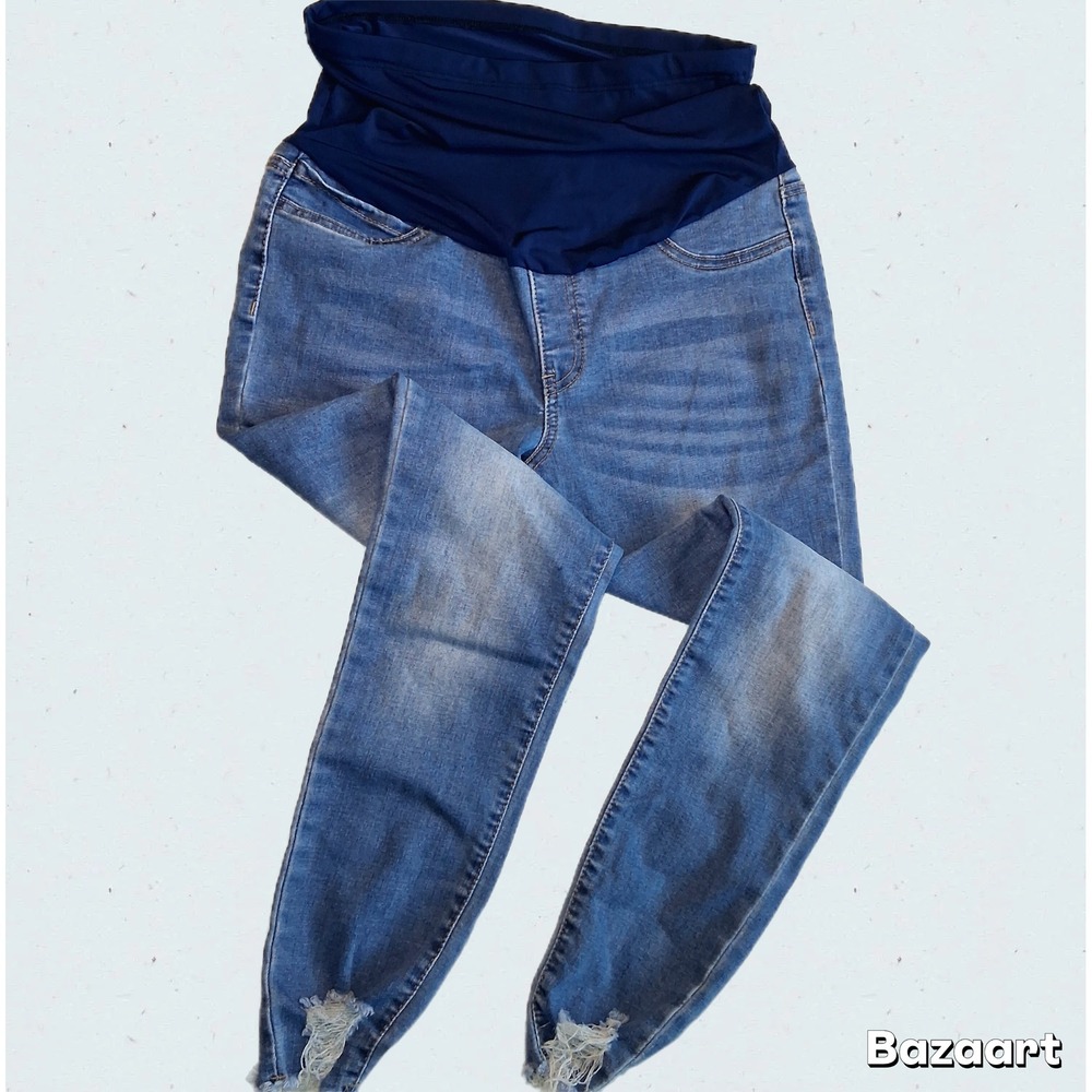 Maternity Jeans Distressed Hem Denim Blue Comfort Belly Panel Size S 2
